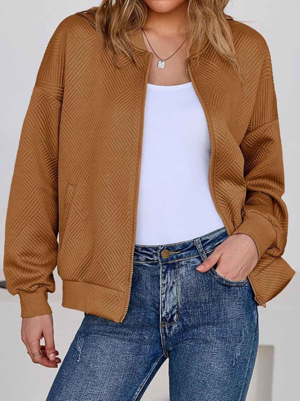 Women's Brown Bomber Jacket Trendy Casual Lightweight Zip Up Jacket with Pockets - Picture 2 of 6